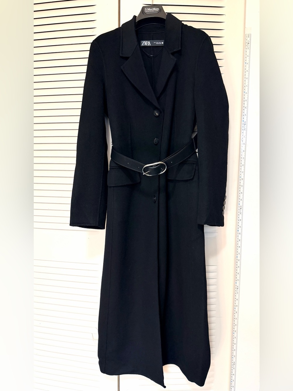 Zara Black Long Sleeve Belted Maxi Coat Dress